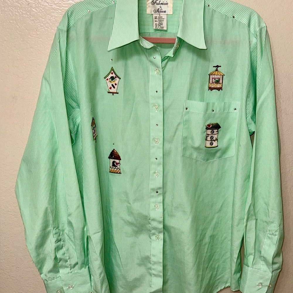 VTG Fabrizio by Afiva Button up Mint Green/white striped birdhouse w/Rhinestones